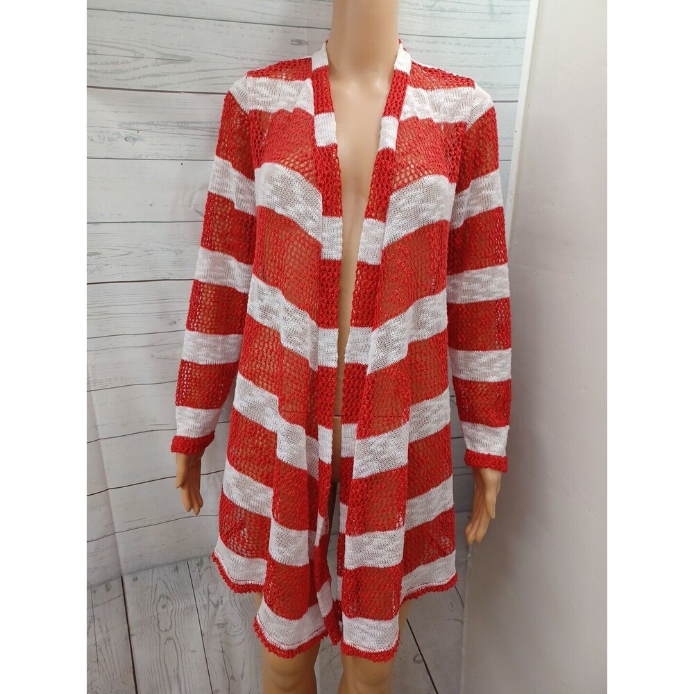 Retro Threads Crochet Open Cardigan Sweater Red White Sz L